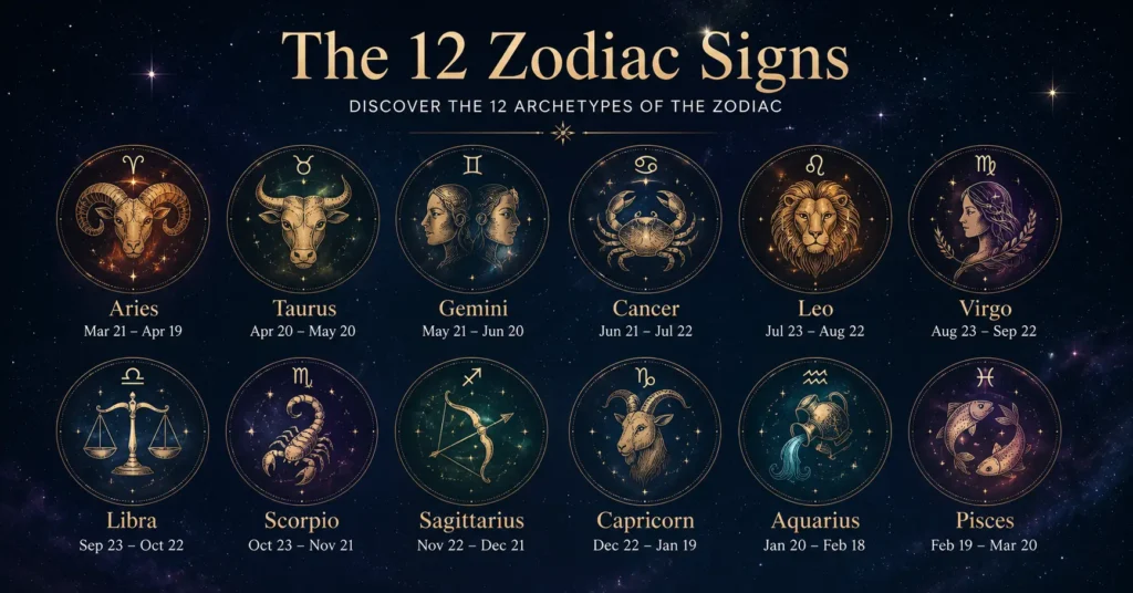 Elegant astrology infographic displaying all 12 zodiac signs with symbols, names, and dates on a cinematic cosmic background.