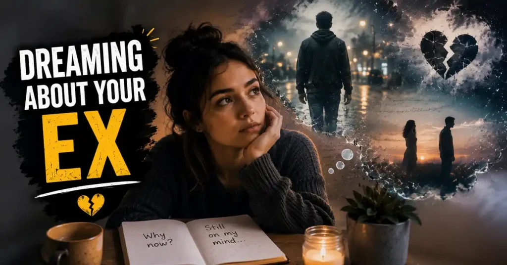 Dreaming about your ex illustration showing a reflective young woman surrounded by memories of a past relationship, symbolizing unresolved emotions, nostalgia, heartbreak, and subconscious emotional processing after a breakup.