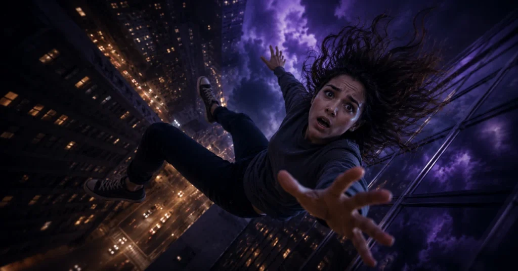 Surreal falling dream illustration showing a woman falling between skyscrapers at night, symbolizing loss of control and anxiety in recurring dreams.