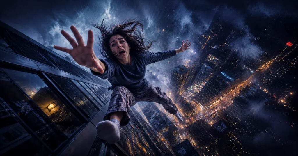 Surreal falling dream illustration showing a terrified woman falling from a skyscraper above a glowing city at night, symbolizing anxiety, instability, and loss of control in recurring dreams.