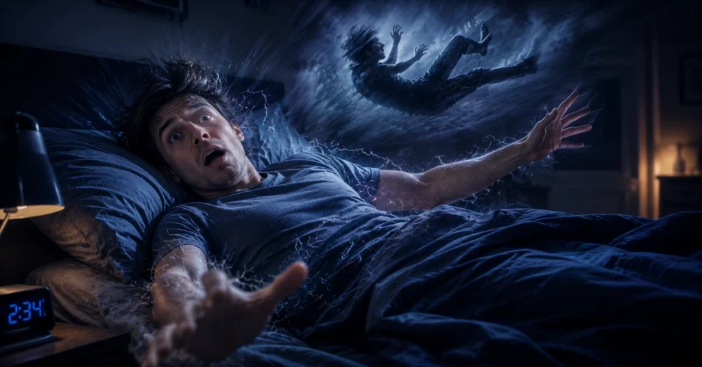 Hypnagogic jerk illustration showing a man suddenly waking in bed during a falling dream episode, symbolizing sleep starts, sudden body jerks, and subconscious anxiety during sleep transitions.