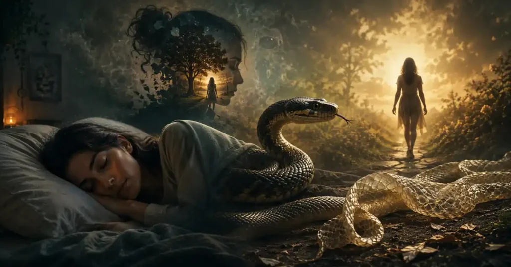 Surreal snake dream illustration showing a sleeping woman beside a snake shedding its skin, symbolizing personal transformation, emotional growth, change, and leaving behind an old version of oneself.