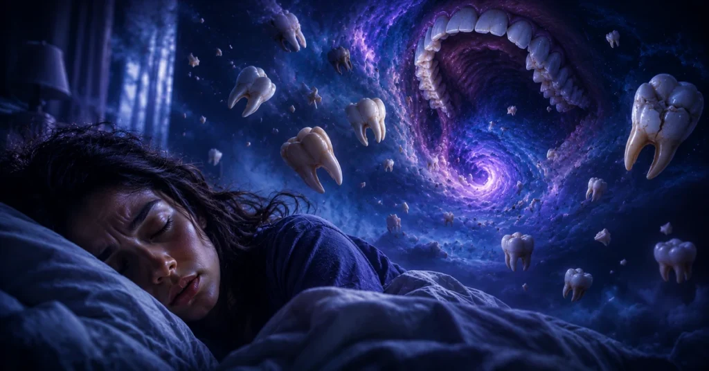 Surreal teeth falling out dream illustration showing a sleeping woman beneath a cosmic vortex filled with floating teeth, symbolizing anxiety, stress, and subconscious fears.