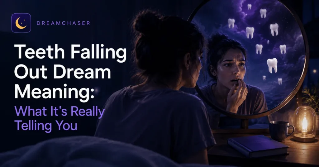 Teeth falling out dream meaning illustration showing a woman looking into a mirror with surreal floating teeth imagery and Dreamchaser dream interpretation atmosphere.